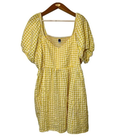 Old Navy Dresses & Skirts - Old Navy Gingham Yellow Milkmaid Puff Sleeves Dress Pockets Knee Length 4X